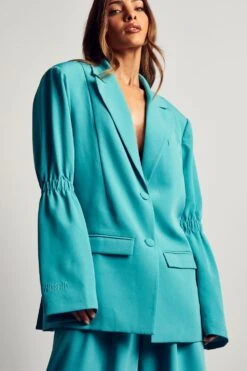 Ruched Sleeve Detail Blazer -Ladies Clothing Shop aqua ruched sleeve detail blazer 4