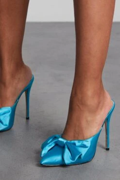 Satin Bow Detail Heeled Mules -Ladies Clothing Shop aqua satin bow detail heeled mules 1