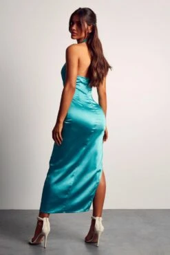 Satin Twist Neck Backless Midaxi Dress -Ladies Clothing Shop aqua satin twist neck backless midaxi dress 2