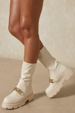 Chunky Chain Detail Ankle Boot -Ladies Clothing Shop beige chunky chain detail ankle boot 2