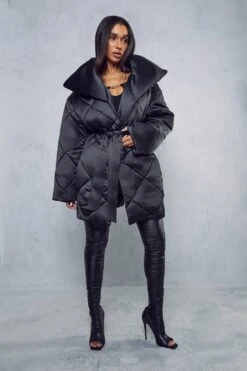 Belted Oversized Quilted Coat -Ladies Clothing Shop black belted oversized quilted coat 3