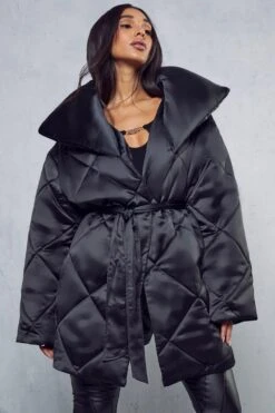 Belted Oversized Quilted Coat -Ladies Clothing Shop black belted oversized quilted coat 4
