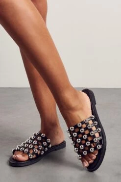 Calle Detail Studded Flat Sandal -Ladies Clothing Shop black calle detail studded flat sandal 2