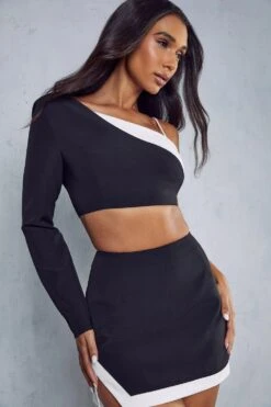 Colour Block One Shoulder Micro Mini Co-ord -Ladies Clothing Shop black colour block one shoulder micro mini co ord 4