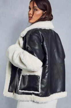 Contrast Borg Detail Aviator Jacket -Ladies Clothing Shop black contrast borg detail aviator jacket 2