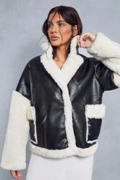 Contrast Borg Detail Aviator Jacket