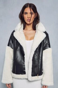 Contrast Borg Detail Aviator Jacket -Ladies Clothing Shop black contrast borg detail aviator jacket 5