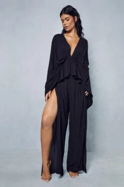 Crinkle Sheer Plunge Front Ruffle Trouser Co Ord -Ladies Clothing Shop black crinkle sheer plunge front ruffle trouser co ord 3