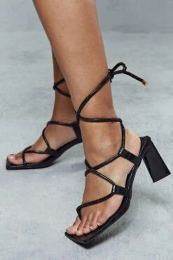 Croc Square Toe Tie Up Mid Heels -Ladies Clothing Shop black croc square toe tie up mid heels 1