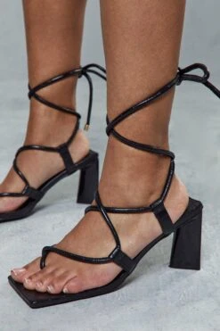 Croc Square Toe Tie Up Mid Heels -Ladies Clothing Shop black croc square toe tie up mid heels 2