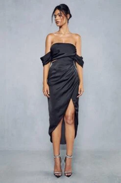 Cupped Corseted Drape Sleeve Wrap Midi Dress -Ladies Clothing Shop black cupped corseted drape sleeve wrap midi dress 3