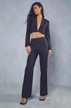 Diamante Strap Straight Leg Trousers -Ladies Clothing Shop black diamante strap straight leg trousers 3