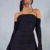 Double Layer Ruched Long Sleeve Bardot Dress -Ladies Clothing Shop black double layer ruched long sleeve bardot dress
