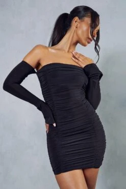 Double Layer Ruched Long Sleeve Bardot Dress -Ladies Clothing Shop black double layer ruched long sleeve bardot dress 4