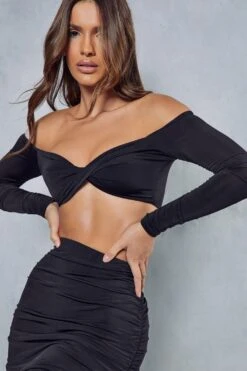 Double Layer Slinky Bardot Twist Ruched Mini Skirt Co Ord -Ladies Clothing Shop black double layer slinky bardot twist ruched mini skirt co ord 1 4