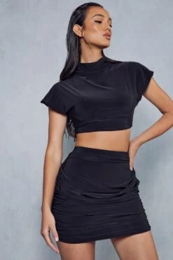 Double Layer Slinky Crop & Low Rise Mini Skirt Co-ord -Ladies Clothing Shop black double layer slinky crop low rise mini skirt co ord 4