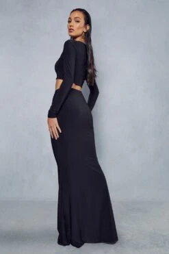 Double Layer Slinky Long Sleeve Top & Column Skirt Co-ord -Ladies Clothing Shop black double layer slinky long sleeve top column skirt co ord 2