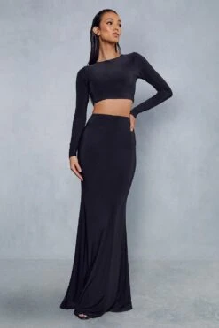 Double Layer Slinky Long Sleeve Top & Column Skirt Co-ord -Ladies Clothing Shop black double layer slinky long sleeve top column skirt co ord 3