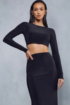 Double Layer Slinky Long Sleeve Top & Column Skirt Co-ord -Ladies Clothing Shop black double layer slinky long sleeve top column skirt co ord 4