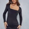 Double Layer Slinky Scoop Neck Long Sleeve Mini Dress -Ladies Clothing Shop black double layer slinky scoop neck long sleeve mini dress