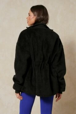 Drawstring Detail Zip Front Teddy Jacket -Ladies Clothing Shop black drawstring detail zip front teddy jacket 2