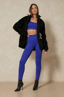 Drawstring Detail Zip Front Teddy Jacket -Ladies Clothing Shop black drawstring detail zip front teddy jacket 4