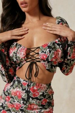 Floral Lace Up Crop Top Skirt Co-ord -Ladies Clothing Shop black floral lace up crop top skirt co ord 2