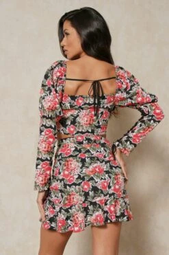 Floral Lace Up Crop Top Skirt Co-ord -Ladies Clothing Shop black floral lace up crop top skirt co ord 4