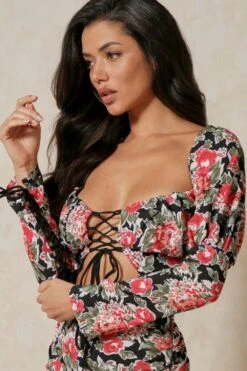 Floral Lace Up Crop Top Skirt Co-ord -Ladies Clothing Shop black floral lace up crop top skirt co ord 5