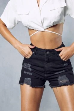 Frayed Hem Distressed Denim Shorts -Ladies Clothing Shop black frayed hem distressed denim shorts 5