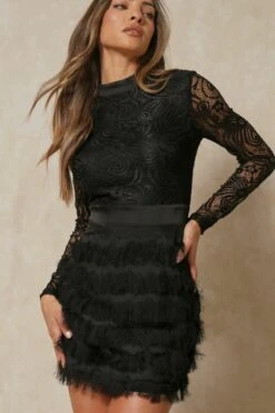 High Neck Lace Fringe Dress -Ladies Clothing Shop black high neck lace fringe dress 4