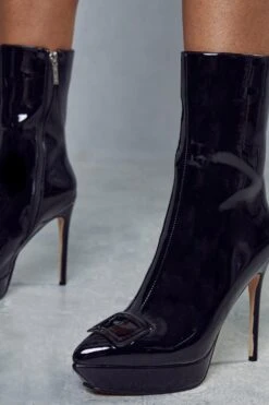 High Shine Buckle Detail Ankle Boot -Ladies Clothing Shop black high shine buckle detail ankle boot 3