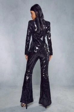 High Shine Sequin Flared Trousers -Ladies Clothing Shop black high shine sequin flared trousers 2