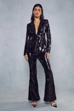 High Shine Sequin Flared Trousers -Ladies Clothing Shop black high shine sequin flared trousers 3