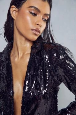 High Shine Sequin Tailored Blazer -Ladies Clothing Shop black high shine sequin tailored blazer 1