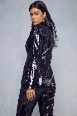 High Shine Sequin Tailored Blazer -Ladies Clothing Shop black high shine sequin tailored blazer 2