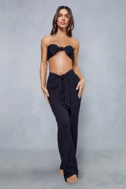 Knot Front Linen Look Beach Trousers -Ladies Clothing Shop black knot front linen look beach trousers 1 3