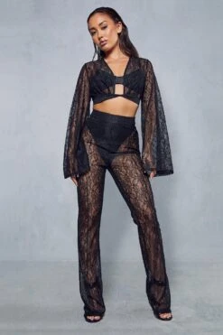 Lace Twist Shirt And Seam Detail Trouser Co-ord -Ladies Clothing Shop black lace twist shirt and seam detail trouser co ord 3