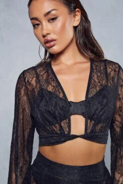 Lace Twist Shirt And Seam Detail Trouser Co-ord -Ladies Clothing Shop black lace twist shirt and seam detail trouser co ord 5