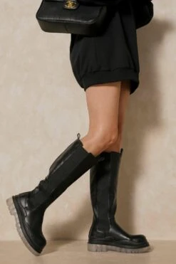 Leather Look Clear Sole Knee High Boots