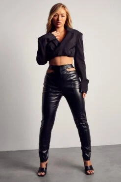 Leather Look Cut Out Straight Leg Trousers -Ladies Clothing Shop black leather look cut out straight leg trousers 3