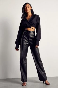 Leather Look High Waist Straight Leg Trouser -Ladies Clothing Shop black leather look high waist straight leg trouser 3