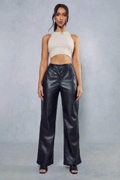 Leather Look Pintuck Straight Leg Trouser -Ladies Clothing Shop black leather look pintuck straight leg trouser 3