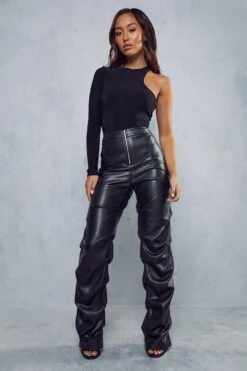 Leather Look Ruched Leg Trousers -Ladies Clothing Shop black leather look ruched leg trousers 3