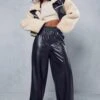 Leather Look Ruched Waist Wide Leg Trouser -Ladies Clothing Shop black leather look ruched waist wide leg trouser