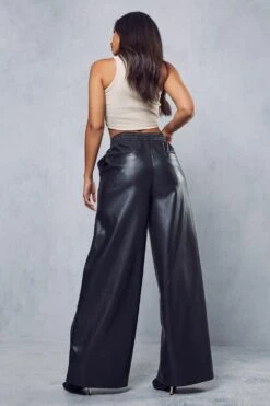 Leather Look Ruched Waist Wide Leg Trouser -Ladies Clothing Shop black leather look ruched waist wide leg trouser 2