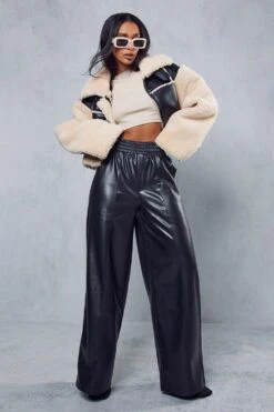 Leather Look Ruched Waist Wide Leg Trouser