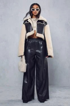 Leather Look Ruched Waist Wide Leg Trouser -Ladies Clothing Shop black leather look ruched waist wide leg trouser 3