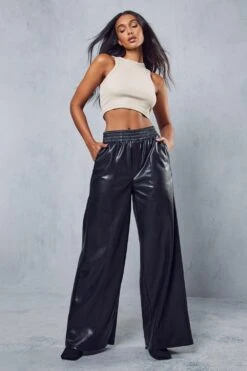 Leather Look Ruched Waist Wide Leg Trouser -Ladies Clothing Shop black leather look ruched waist wide leg trouser 4