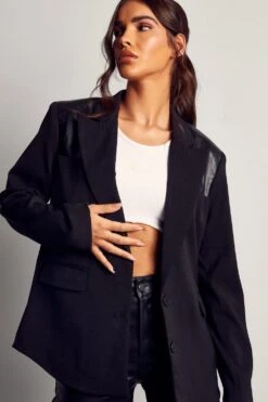 Leather Look Shoulder Detail Blazer -Ladies Clothing Shop black leather look shoulder detail blazer 4